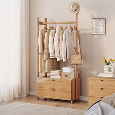 Heavy Duty Wooden Clothes Rail Rack Garment Hanging Stand Open Wardrobe w Drawer