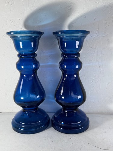 Large blue glass candlesticks - blue,