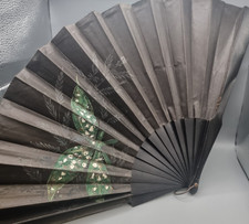 Victorian Black Folding Fan with Handpainted Floral Design Antique Silk & Wood