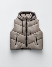 ZARA beige pewter faux leather gilet jacket coat size L Large 14