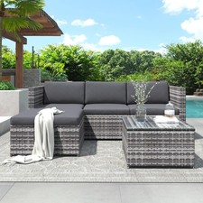 Merax Grey Rattan Patio Garden Furniture Corner Sofa Glass Top - Collect NN5