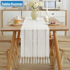 Boho Table Runner Beige Cream Woven Cotton Tassel Decor For Dining Or Sideboard