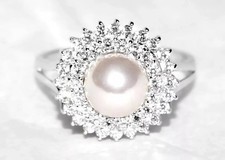 Diamonique Gold Ring 8mm Cultured Pearl Ring 14ct Solid White Gold 3.73g Size O7