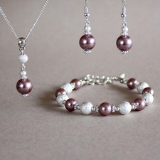 Mink brown bronze pearl necklace bracelet earrings silver wedding bridal set