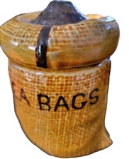Vintage  Pottery Glazed Hessian Texured Tea Bags Storage Jar with Doughnut Lid