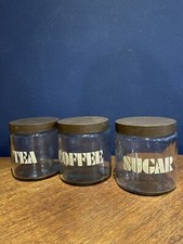 Vintage Retro Set Of 3 Tea Coffee Sugar Glass And Brown Graphic Jars Canisters