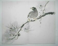 MYNAH BIRD PINE Japanese Brush Painting Original Zen Vintage