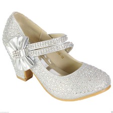 Girls Childrens Kids High Mid Heel Diamante Party Court Shoes Bridesmaid Sandals