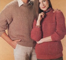 Ladies + Mens DK Fishermans Rib Sweater Easy LAMINATED Knitting Pattern 32-44in