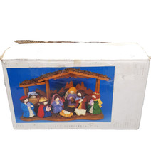 Vintage Large Nativity Set Wooden Stable Manger & 11 Figurines Christmas Decor,