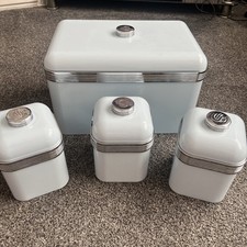 Swan Retro Bread Bin & Tea Coffee Sugar Canisters in Blue And Chrome