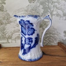 Antique Art Nouveau Flow Blue Floral Ceramic Jug Pitcher Country Cottage House