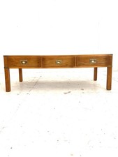 Vintage Military Campaign Rustic Estate Burl Yew Brass 3 Drawer Coffee Table
