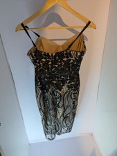 Lipsy London UK 10 Black Lace Bodycon Dress Off-Gold Underlay Evening Party