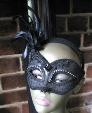 Black Venetian Carnival Side Feather Masquerade Mask Mardi Gras Party Headband