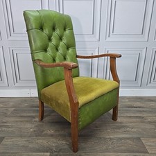 Antique Vintage Green Chesterfield Armchair – Button Back - Fabric Faux Leather