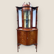 Antique Edwardian Mahogany & Satinwood Inlaid Glass Display Cabinet & Cupboard