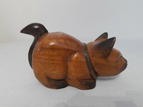 Vintage wood cat - figurine, hand