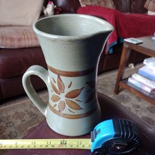 Tregurnow Cornish Pottery. Green & Brown Glaze Floral Jug 75cl Capacity. 6.75"Hi