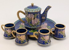 Vintage Cloisonne Miniature Tea Set Teapot Plate Four Cups Oriental Doll House