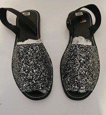 Womens Glitter Slingback Flat Open Toe Spanish Sandals Black or Silver in 4-7