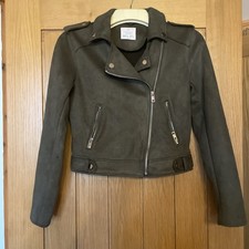Primark Khaki Soft Feel Zip Pockets Short Biker Jacket Size 8