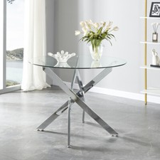 Round Glass Home Kitchen Table with Stainless Steel Metal Legs Dining Table