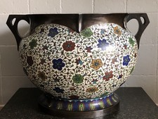 STUNNING ANTIQUE JAPANESE MEIJI PERIOD CLOISONNÉ ON BRONZE JARDINIERE/PLANTER
