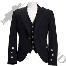 Black Argyll Jacket & Vest-Waistcoat 100% Wool Kilt Jacket- Ex Hire for Wedding