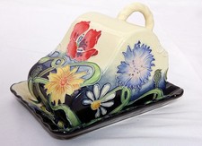 Old Tupton Ware Cheese Butter Dish Hand Painted Jeanne McDougall Flowers Poppy