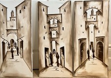 Series of 3 Original Moroccan Paintings on Canvas: Islamic art, minaret, mosque