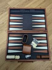 Vintage Backgammon Set Travel Case Leather interior stitched complete game