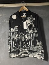 Reiss Shirt Mens Medium Black Grey Castaway Tropical Island Loop Collar Top