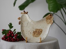 Chicken Shaped Pottery Plate, Cream and Caramel Glaze, Rustic French Country