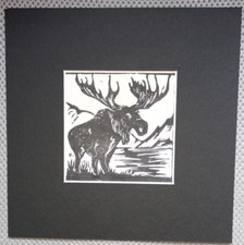 Original linocut print Elk Xmas Moose Deer Antler Sweden Scandinavian Folksy 
