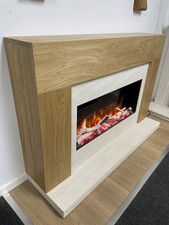 Oak surround with electric fire and limestone set 54" (ex display)