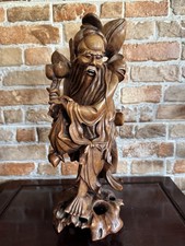 Large Antique Chinese Carved Hardwood Statue of Immortal with Staff & Peach 37cm