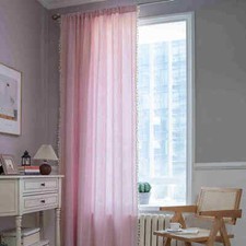 UK Stripe Curtain Panel Slot Top Checked Cotton Linen Textured Curtains Tassels