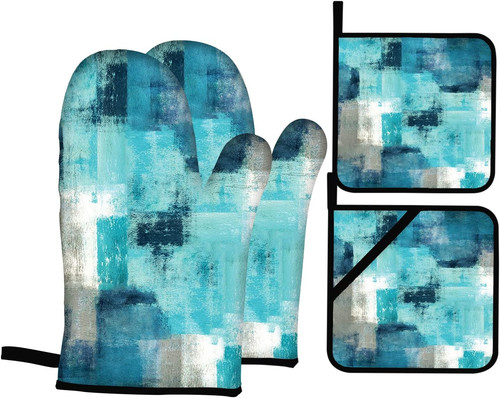 Turquoise grey oven - mitts, and