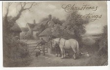 CHRISTMAS - RURAL COTTAGE SCENE, WHITE HORSE, DOG C W FAULKNER 1912 POSTCARD