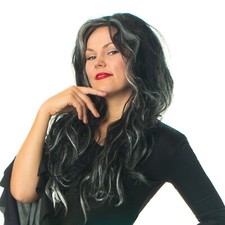 Ladies Gothic Witch Wig Halloween Fancy Dress  Black Grey Blonde Streak