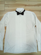 Men's Moss Bro WHITE EVENING SHIRT 15.5" Collar Double Cuff +Black Satin Bowtie