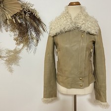 Gucci Womans Leather Jacket Shearling Motorcycle Beige Cream Designer Logo Sz 38