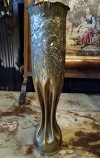 Antique Brass Artillery Shell Hand Embossed Flower Vase 13.5" 