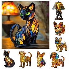Retro Stained Glass Effect Animal Cat Dog Table Lamp Creative Resin Night-Light