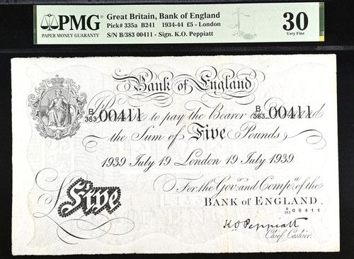 White five pound bank - five, note