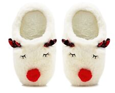 Womens Ladies Slipper Reindeer Novelty s WIDE Fitting Faux Fur Lined Christmas