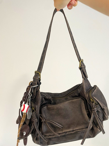 Brown leather shoulder bag - brown,