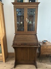 Oak Bureau Writing Desk With Glass Fronted Display Above. Nouveau/deco Crossover