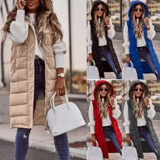 Womens Ladies Hooded Long Line Puffer Gilet Jacket Padded Vest Body Warmer Tops